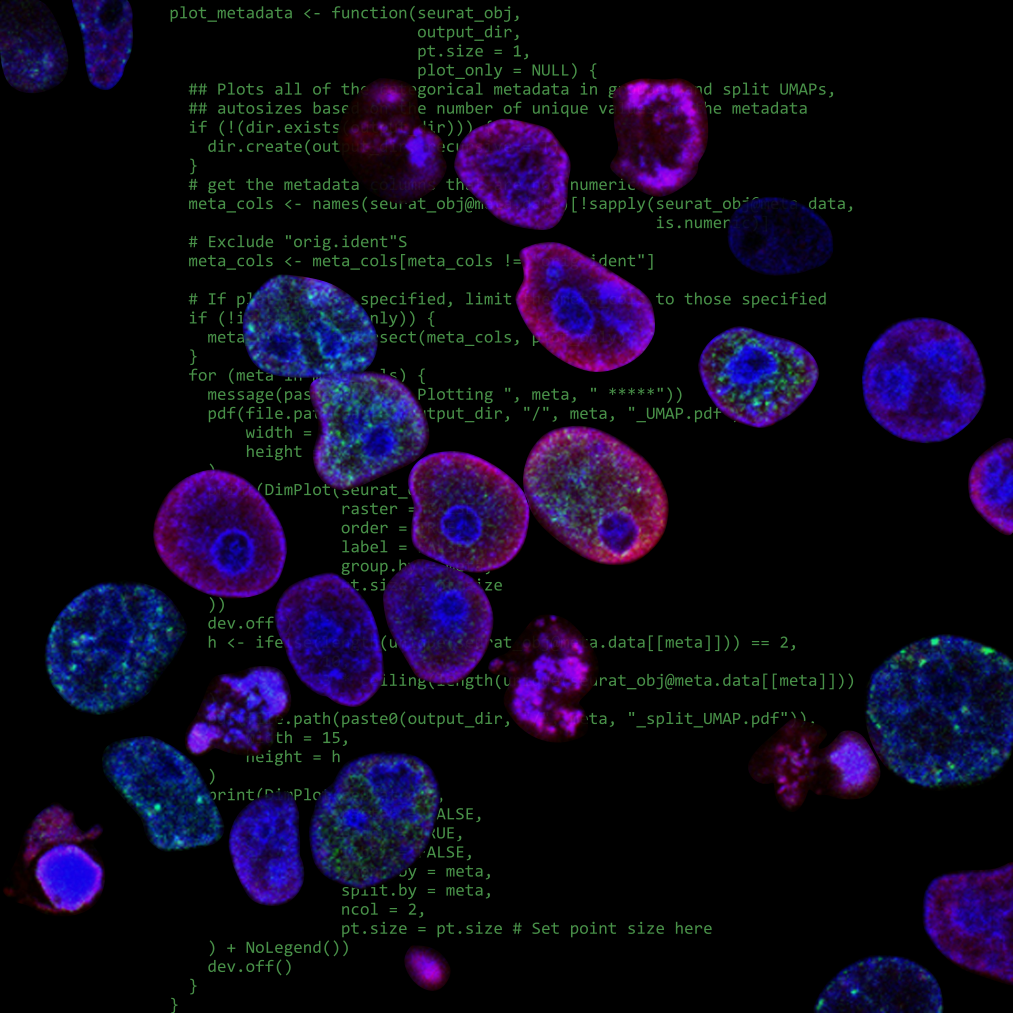 Image of cancer cells with code in the background.
