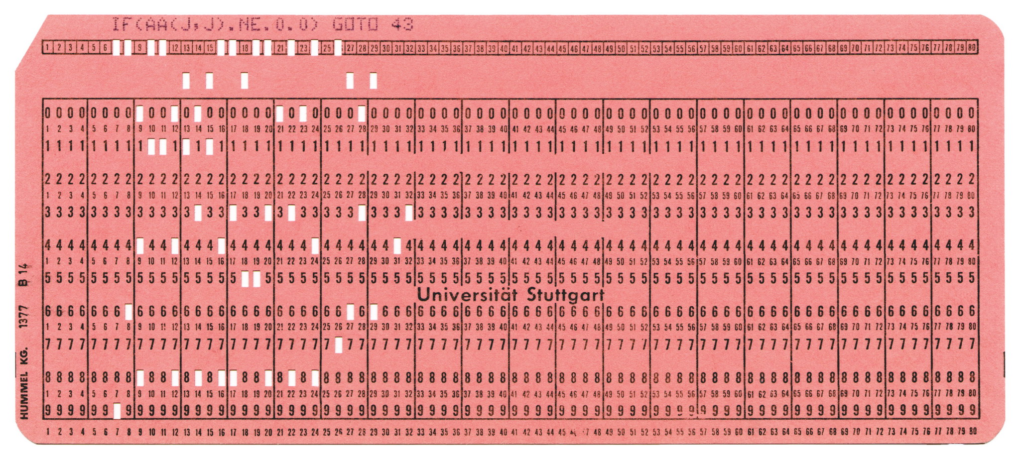 A fortran punch card with a single line of code